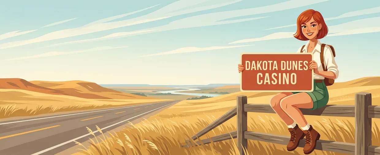 Woman on a fence holding a Dakota Dunes Casino sign