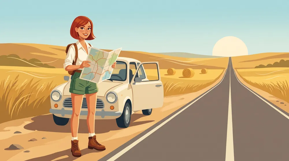 Woman reading a road map by a car on a prairie highway