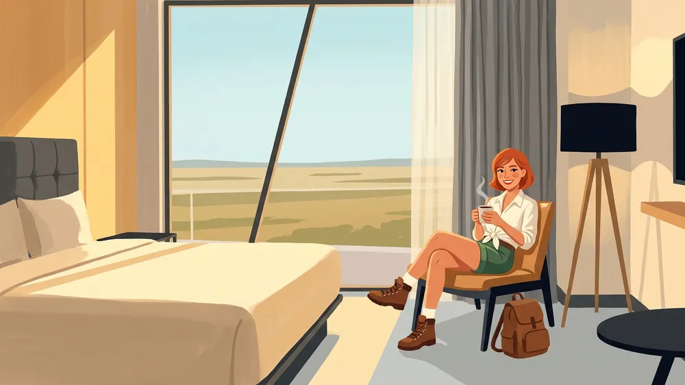 Woman with coffee in a Dakota Dunes Resort room