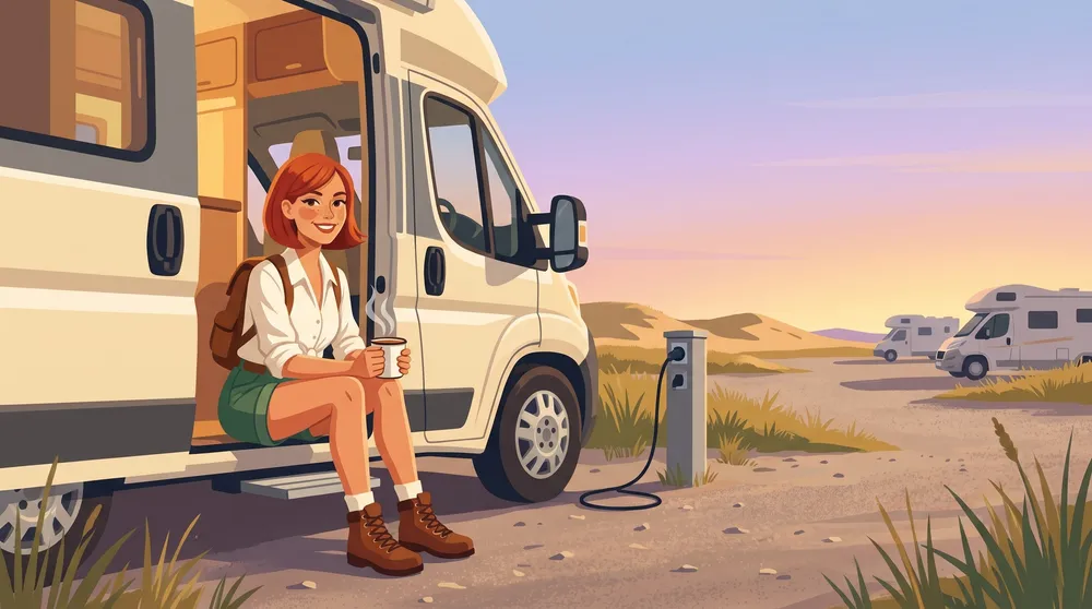 Woman with a mug on a camper van step at dusk